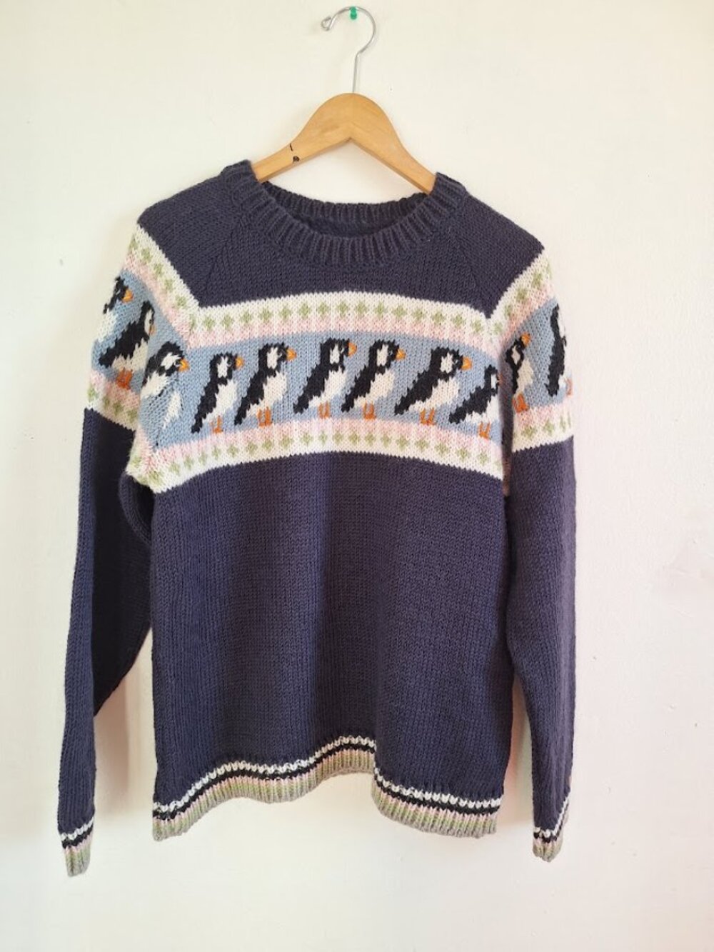 ALMA Handmade Penguin Knit Sweater L Navy Pastel Novelty